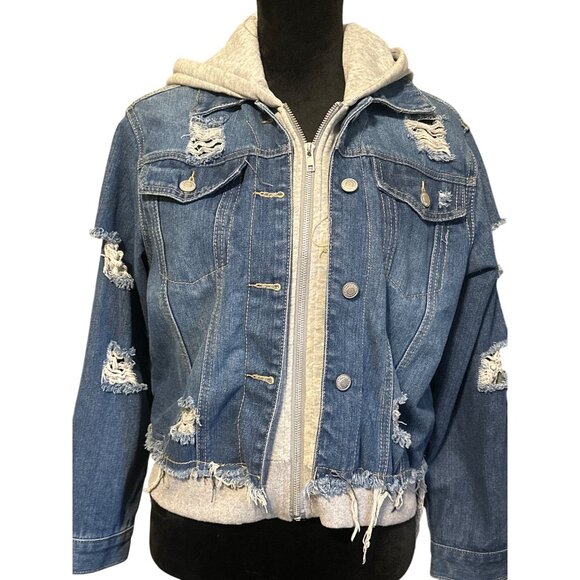 Thrill Jeans Jackets & Blazers - Distressed Denim Jacket With Gray Hoodie Layer By Thrill Jeans Medium Size Casua